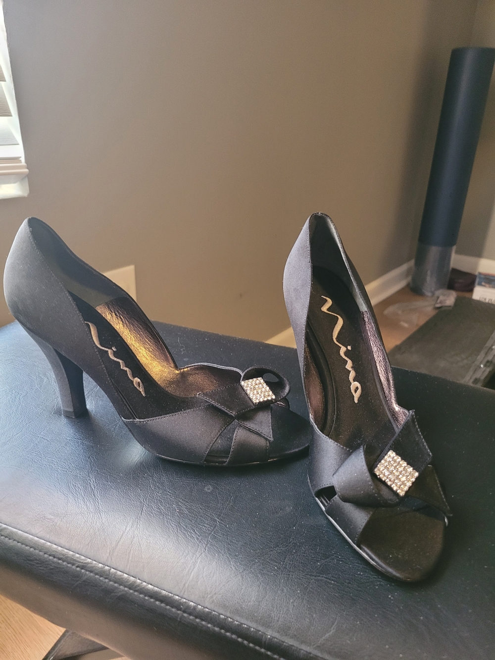 Nina Black Satin Peep-Toe Heels with Crystal Bow